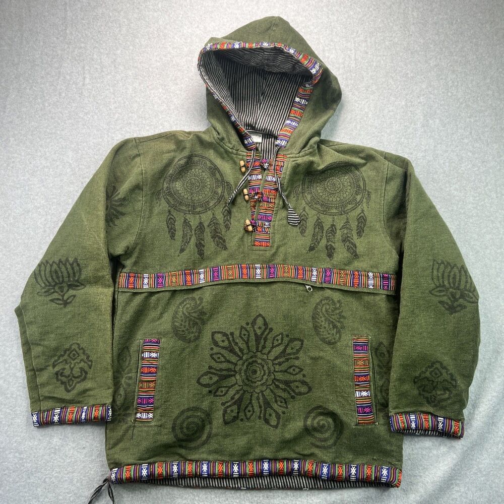Siddhartha Baja Hoodie S/M Green Pullover Jacket Festival Boho Hippie Indie